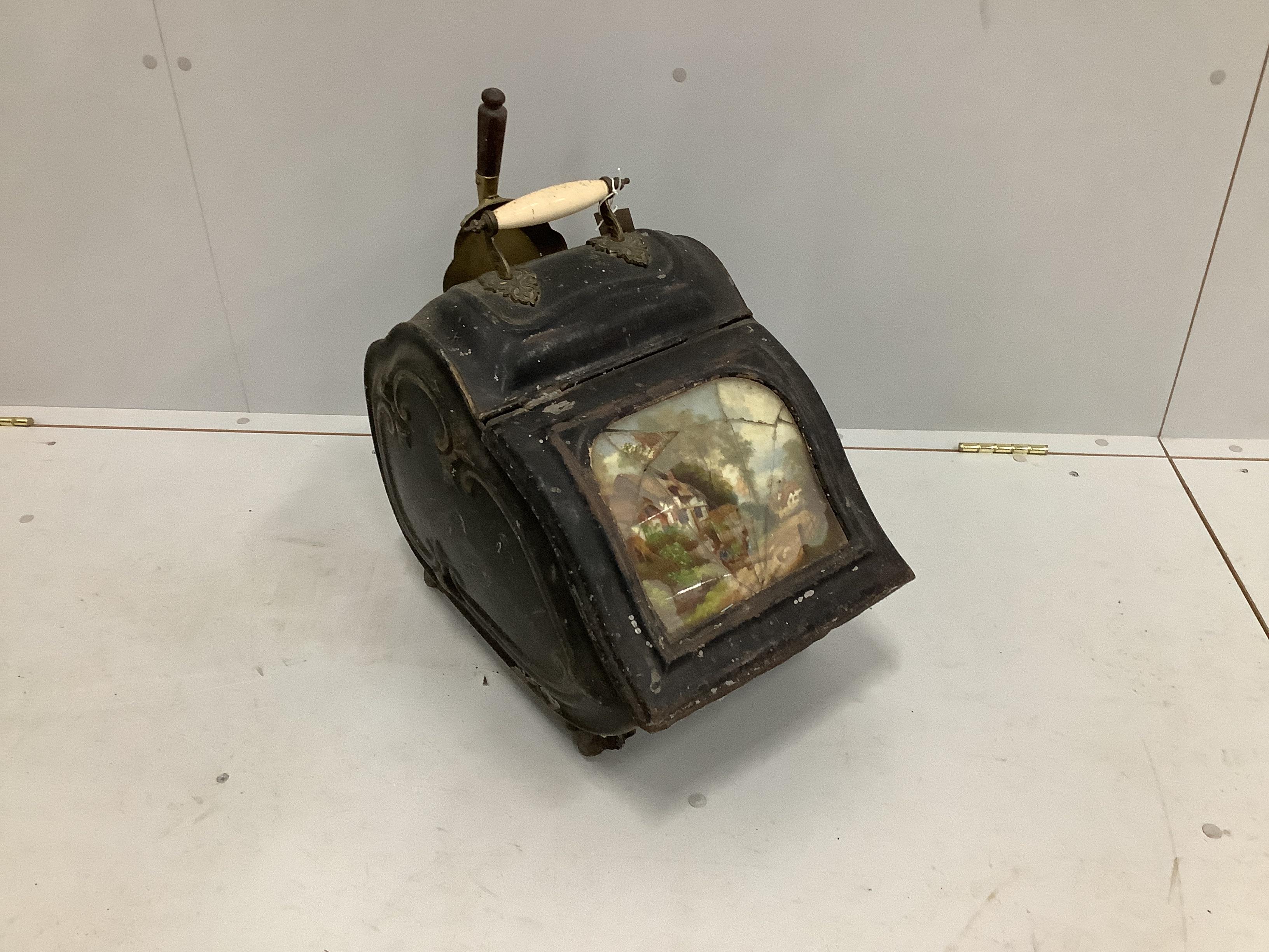 A Victorian toleware coal scuttle and scoop, width 32cm, height 42cm